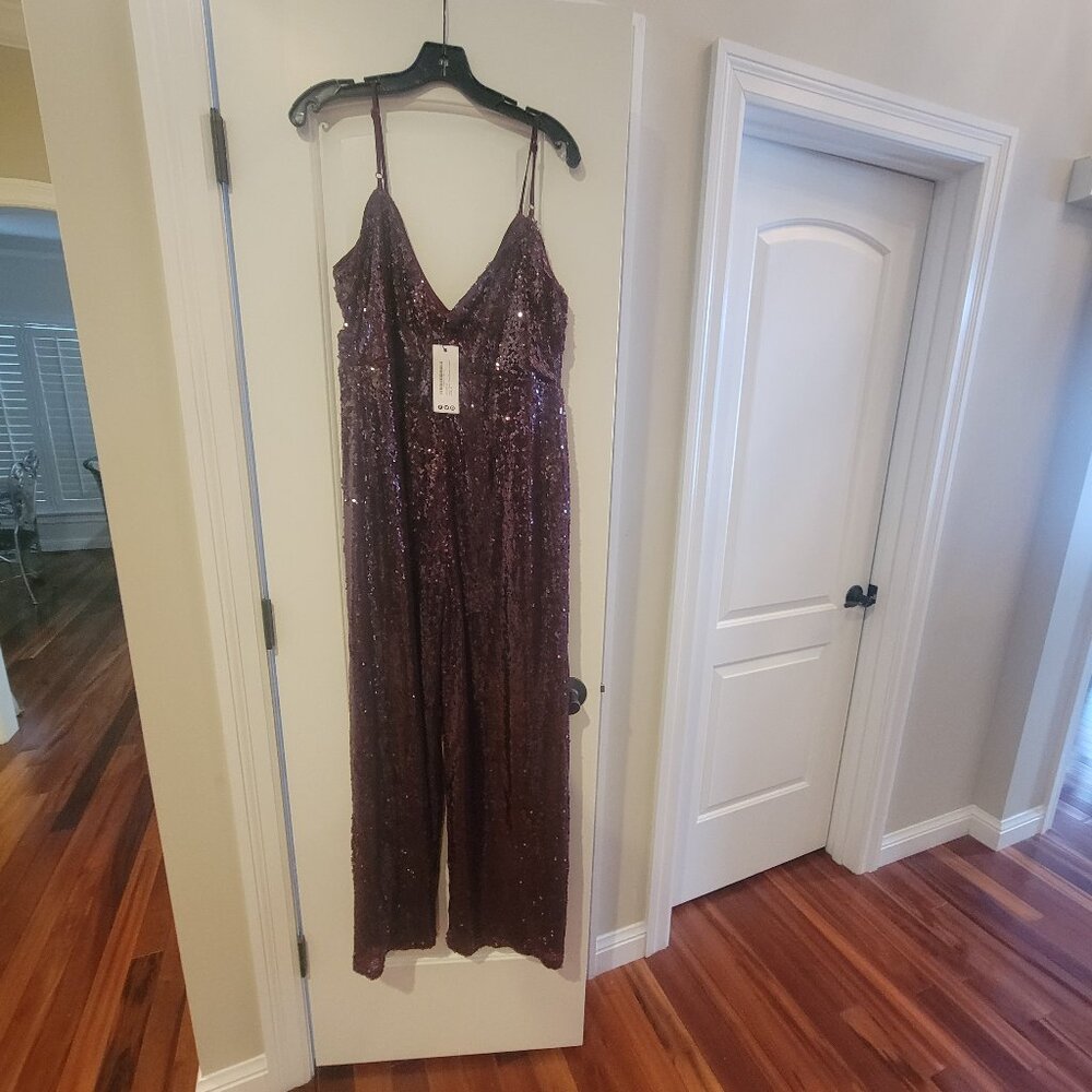 Sequin, spaghetti strap wide leg jumper in wine - burgundy color, Size 10